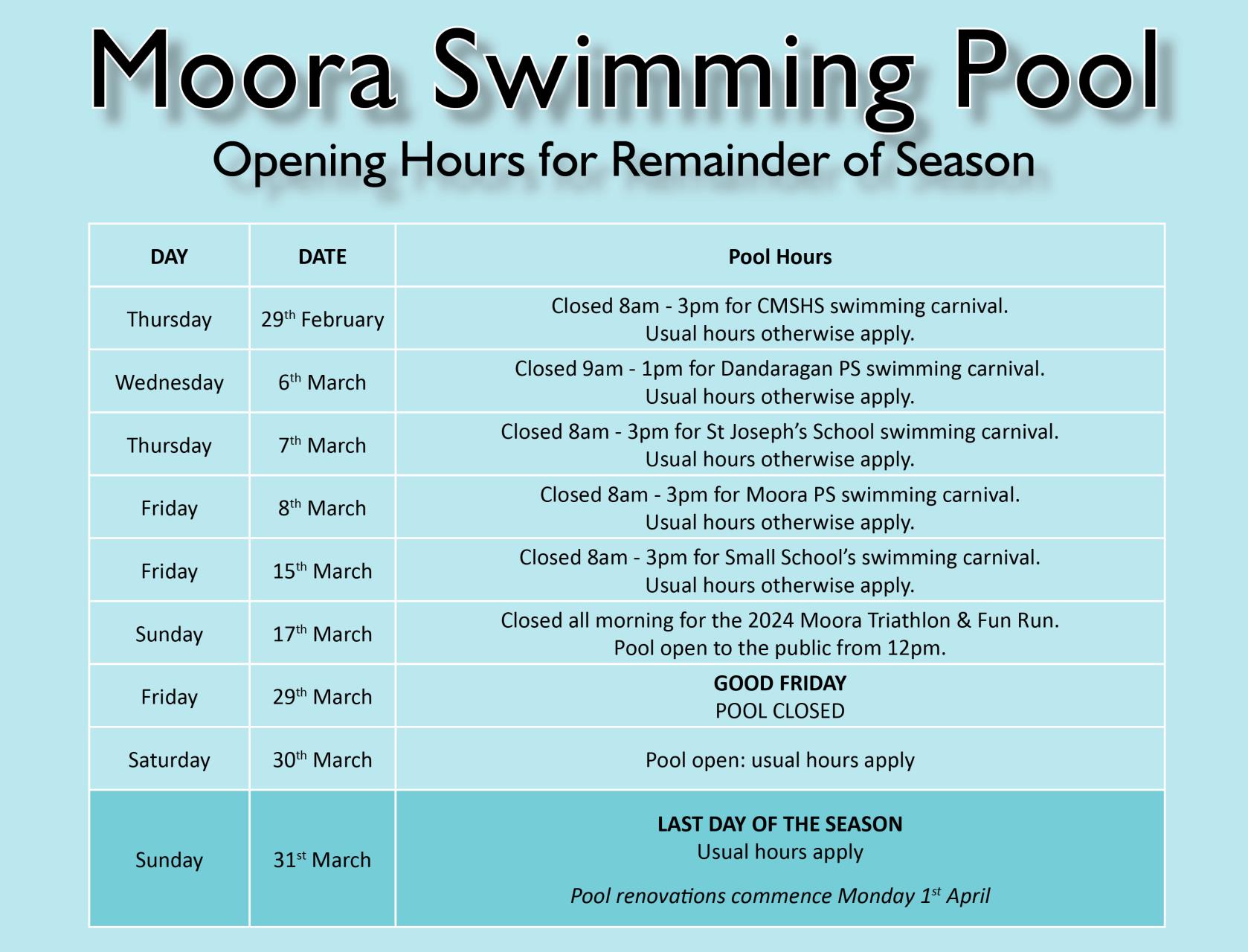 Pool Altered Hours & Season Closure