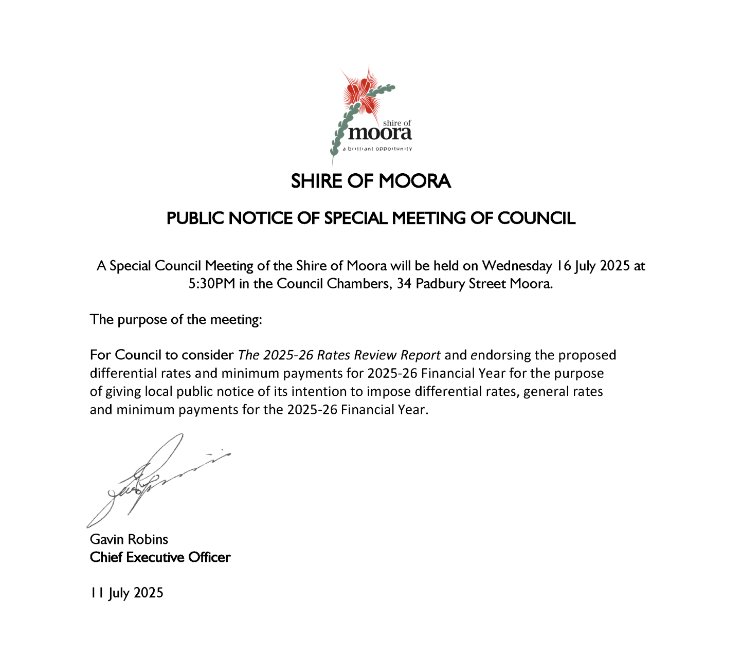 PUBLIC NOTICE OF SPECIAL MEETING OF COUNCIL