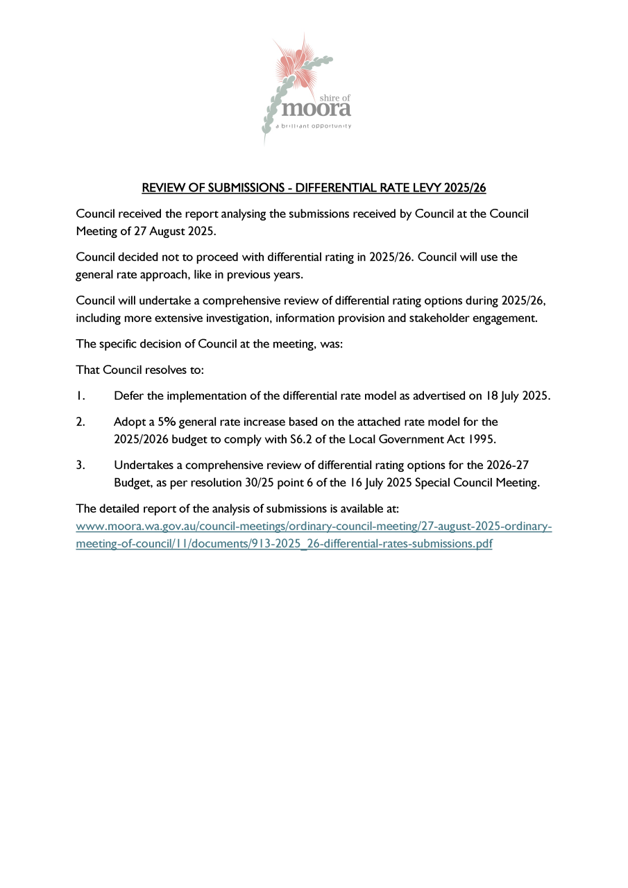 OUTCOME OF NOTICE OF INTENTION TO LEVY DIFFERENTIAL RATES 2025/26