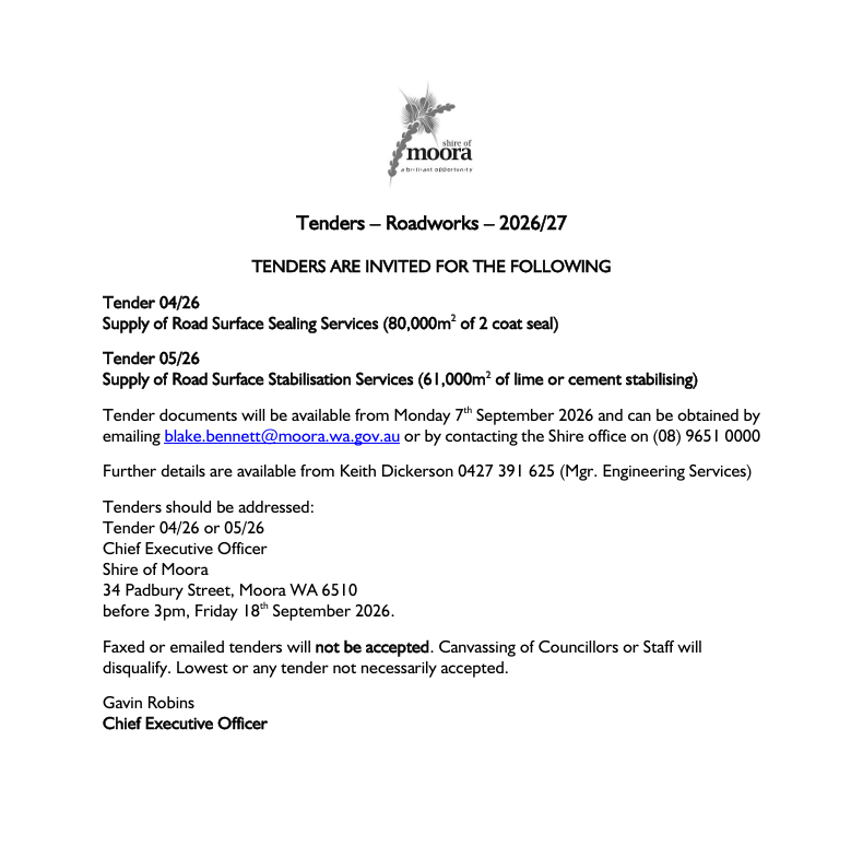 Request for Tenders – Roadworks – 2026/27