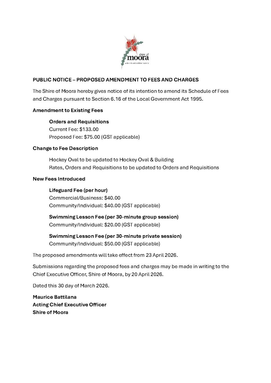 PUBLIC NOTICE – PROPOSED AMENDMENT TO FEES AND CHARGES