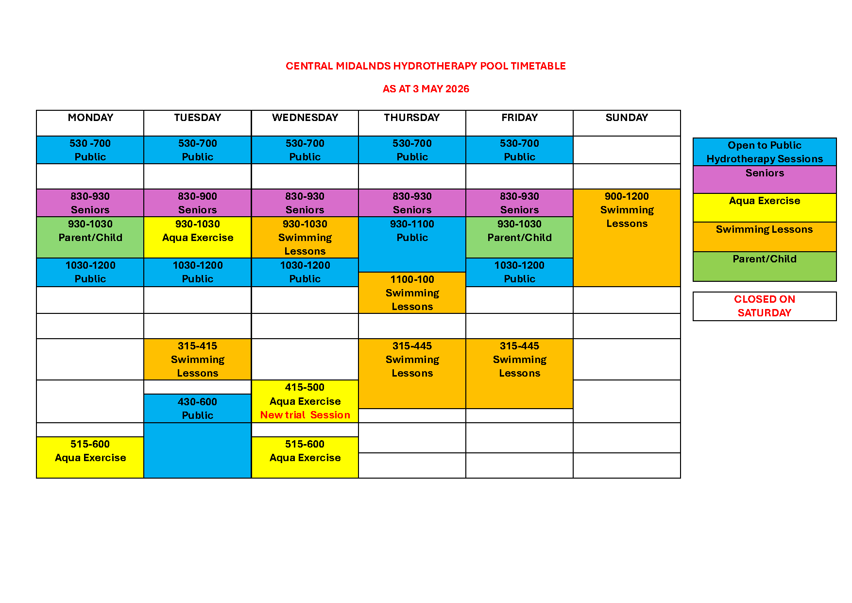 NEW Hydrotherapy Pool Timetable