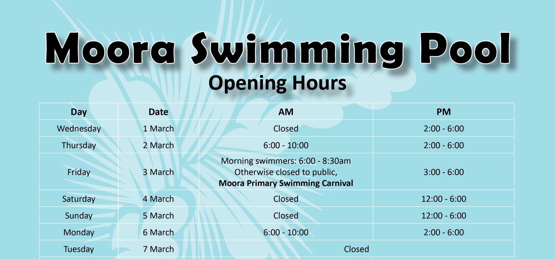 Moora Swimming Pool - Opening Hours